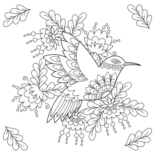 Tropic bird in flowers. Contour linear illustration for colouring book and anti stress pictures. Line art design for coloring page. - Вектор, зображення