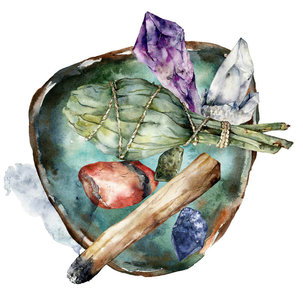 Watercolor ritual plate with palo santo, sage and crystals. Hand painted incense isolated on white background. Illustration for design, print, fabric or background. - Photo, Image