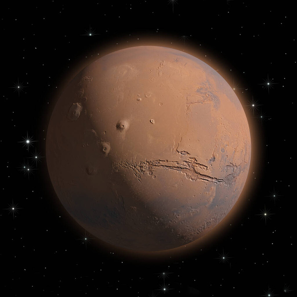 Ilustración 3D de Marte, representada con una superficie detallada, para fondos de exploración científica y espacial. Elementos cartográficos de superficie proporcionados por la NASA. - Foto, imagen