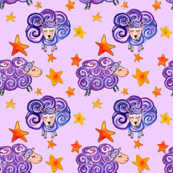 Watercolor illustration seamless pattern of purple and blue sheeps on purple background with stars textiles for children - Foto, Bild