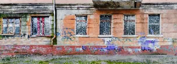 Pixel arte ilustração de grungy arruinado e abandonado rua urbana com janelas quebradas e graffiti, jogo de plataforma clipart design nível. - Foto, Imagem
