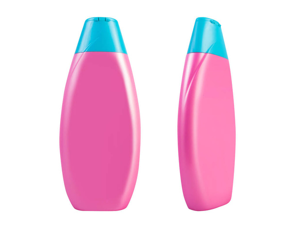 Photo isolée de bouteille de shampooing de couleur rose vierge avec couvercle bleu sur fond blanc. - Photo, image