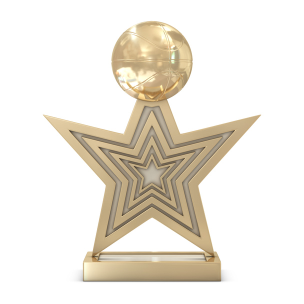 Golden basketball trophy with rectangle base, stars and ball - Foto, Bild