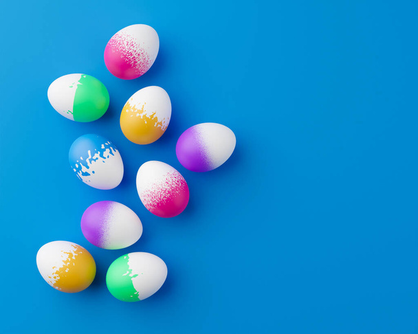 Egy csomó színes tojás egy kék húsvéti háttér 3D Renderelés. Pile of birght és színes húsvéti tojás - 3d render. Húsvét koncepció összetétel keret határ - Fotó, kép