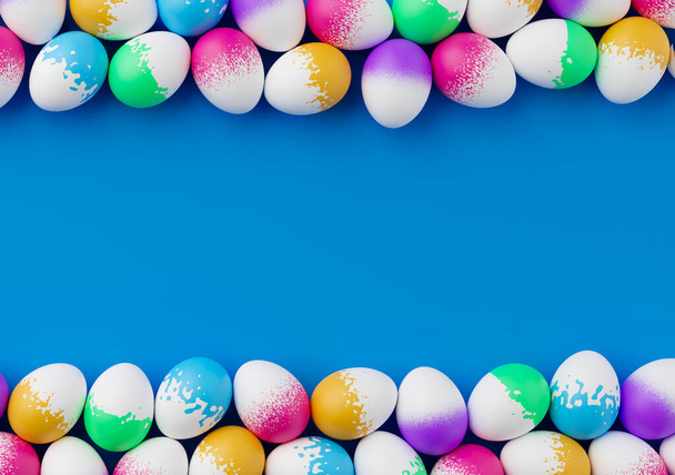Mavi bir Paskalya arka planında bir sürü renkli yumurta. Doğum ve renkli Paskalya Yumurtaları Yığını - 3 boyutlu rendelenmiş. Paskalya konsepti çerçeve sınırı - Fotoğraf, Görsel