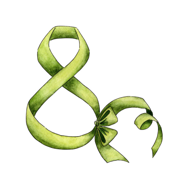 Watercolor illustration of a green ribbon in the shape of the number eight for International Women's Day. March 8 for greeting card. Isolated on white background. Drawn by hand. - Photo, Image