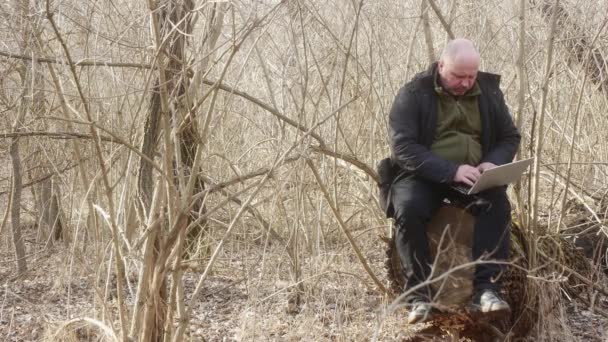 Ένας άντρας σ 'ένα πυκνό δάσος που κάθεται σ' ένα μεγάλο κούτσουρο δουλεύει σ 'ένα λάπτοπ. Έννοια απομακρυσμένης εργασίας. - Πλάνα, βίντεο