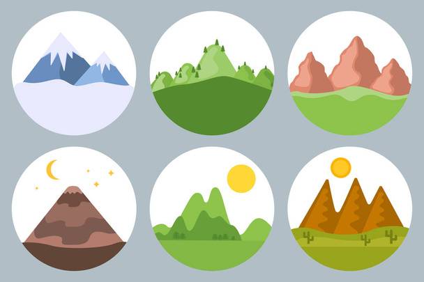 Mountains set desert, volcano, forest in circles - Vector, afbeelding