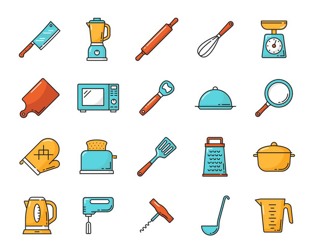 Kuchyňská nádobí a kuchyňské nádobí ikony řádek. Pultový mixér, váleček a kuchyňská sekera, řezací deska, mikrovlnná trouba a otvírák na láhve, podnos, pánev a pečicí rukavice, toustovač, drtič a varná konvice, mixér - Vektor, obrázek