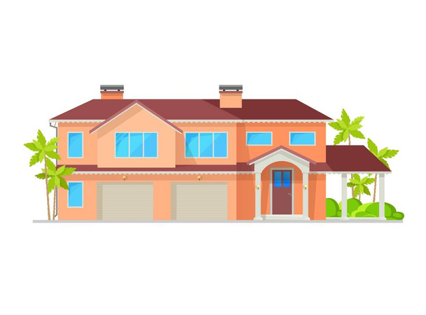 Modern suburban two story house building with two garages, vector real estate. Residential property home, village cottage, family villa or mansion with chimneys, front door porch, terrace with canopy - ベクター画像