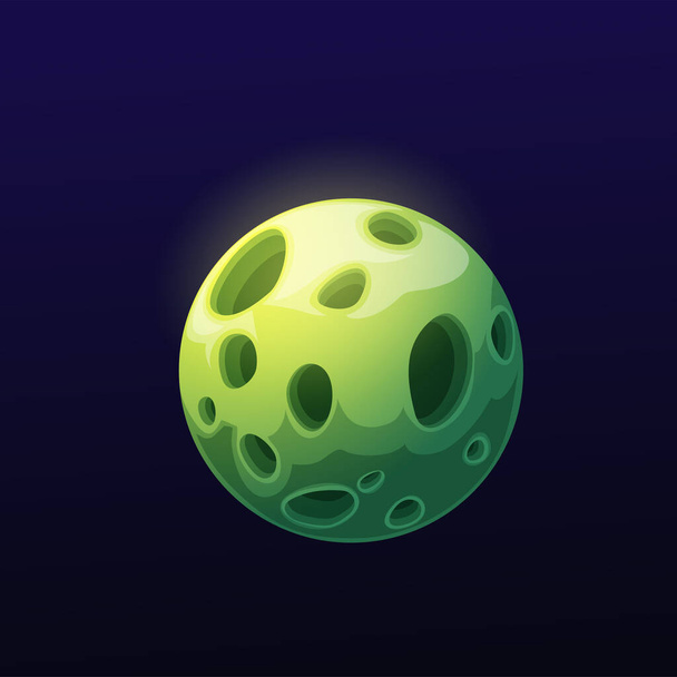 Grüne Galaxie Planet mit Löchern, Cartoon-Fantasie Alien-Universum Raumwelt. Vektor kosmisches Spiel ui oder gui fantastischer Planet mit glühend grüner Oberfläche und Kratern, ein weiteres Weltraumobjekt - Vektor, Bild