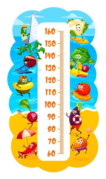 Yaz plajında komik sebzeler, çocukların boy çizelgesi, vektör büyüme ölçüsü. Sörf tahtasında karnabahar, turp, deniz dalgalarında yüzen domates ve rüzgar sörfünde yüzen fasulye ile bebek boyunda cetvel. - Vektör, Görsel