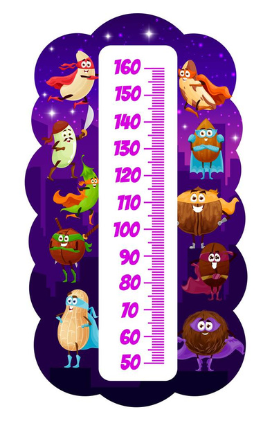 Nuts superhero and defender characters kids height chart growth measure meter. Vector wall sticker with peanut, almond, coconut and cashew. Brazil, soybean and green pea, walnut, coffee and macadamia - Vector, Image