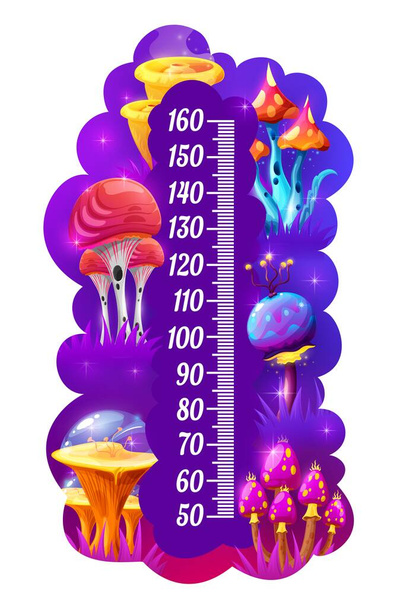 Gráfico de altura de crianças, fantásticos cogumelos mágicos de fadas. Medidor de medida de crescimento de parede vetorial, escala de régua adesiva para medição de altura de crianças com mundo de fantasia de desenhos animados e plantas de fungos engraçados alienígenas - Vetor, Imagem