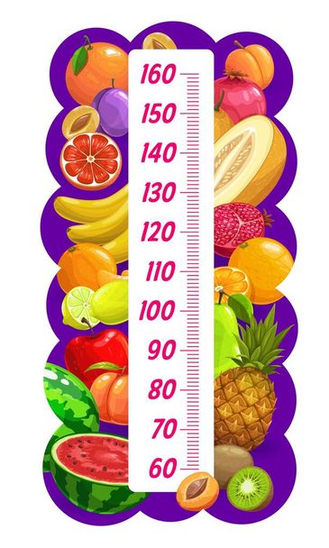 Tableau de taille pour enfants avec des fruits mûrs de bande dessinée, mètre de mesure de croissance vectorielle. Règle murale pour enfants avec ananas et orange, pomme et pastèque, grenat, kiwi et citron, poire et abricot, prune et pêche - Vecteur, image