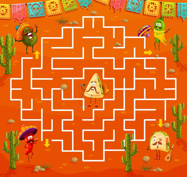 Labyrinth maze game with mexican food characters in desert. Child playing activity with finding way, cartoon vector labyrinth game riddle with nachos, burrito and jalapeno pepper, avocado, tacos - Vector, Image