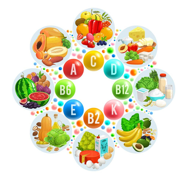 Vitamine und Mineralstoffe. Obst, Gemüse und Nüsse. Kreis-Infografiken mit Trockenfrüchten, Milchprodukten, Superfoods und Gemüse. Gesunder und natürlicher Ernährungsplan mit Multivitaminen - Vektor, Bild