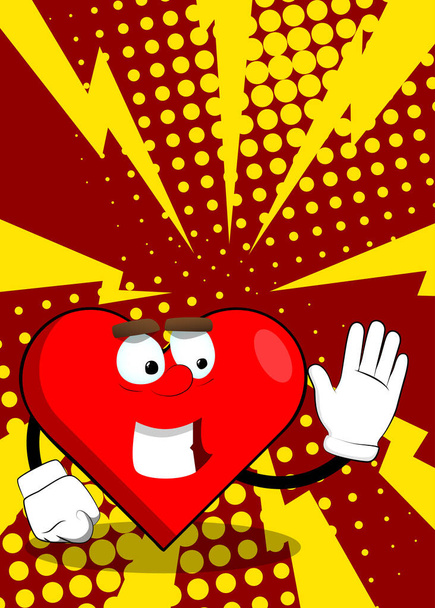 Forma de corazón con la mano ondeante como un personaje de dibujos animados, divertida ilustración de vacaciones de amor rojo. - Vector, imagen