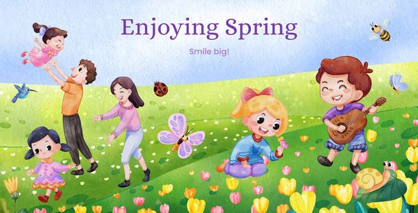 Billboard template with children enjoy in spring,watercolor styl - Vector, Image