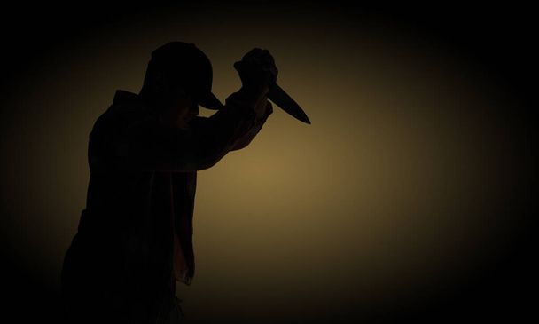 Criminales en mangas largas con gorras que sostienen un cuchillo ensangrentado están atacando brutalmente a las víctimas en un fondo negro anaranjado, con espacio para el texto, Concepto Criminal, Crimen, Asesinato. - Foto, imagen