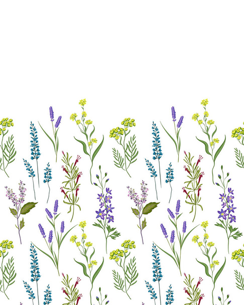 Οριζόντια απρόσκοπτη πολύχρωμο μοτίβο απλών αγριολούλουδων. Μικρά πολύχρωμα λουλούδια. Μοντέρνο φόντο λουλουδιών. Κομψό πρότυπο για εκτυπώσεις μόδας. - Διάνυσμα, εικόνα
