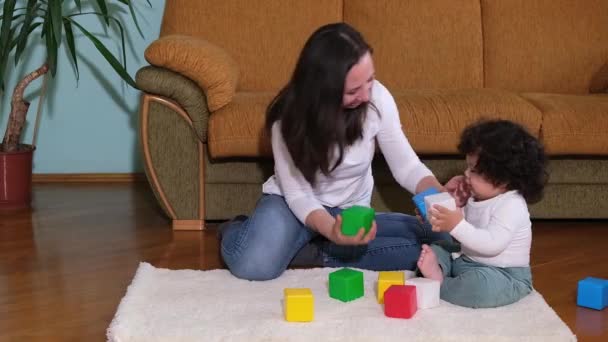 Happy mother nanny and Mixed-race toddler little son playing with cubes on cozy rug at home, - Footage, Video