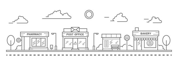 City skyline in line art style. Landscape with row houses of bakery, pharmacy, bus stop and post office. Street horizontal panorama. Vector illustration - Vector, Image