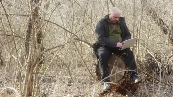 freelancer en el bosque sentado en un tocón grande trabajando en un portátil. Concepto de trabajo remoto. - Metraje, vídeo