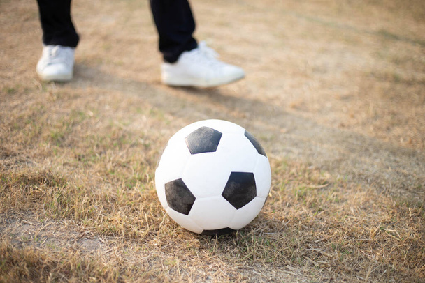 Sport és rekreáció egy labda megállt egy láb visel egy fehér tornacipő a focipályán. - Fotó, kép