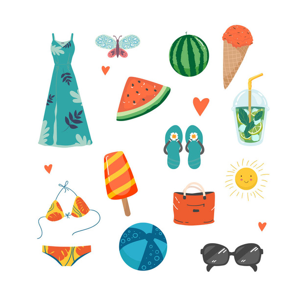 Set of cute summer icons dress sundress flip flops, mojito, ice cream, butterfly, watermelon, bag, glasses, sun, flip flops, beach ball. Bright summertime poster. Collection of scrapbooking elements - Vector, afbeelding