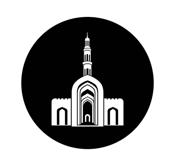 スルタンQabooグランドモスクのベクトルアイコン。スルタンQaboosグランドモスクのベクトルイラスト,サルタンQaboosグランドモスクの前門黒と白の色. - ベクター画像