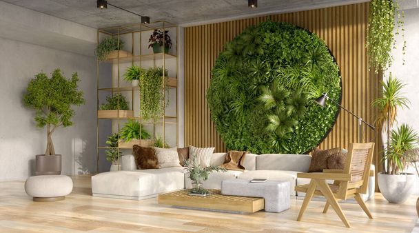 Vertikale grüne Wand im Wohnzimmerinnenraum, 3D-Render  - Foto, Bild
