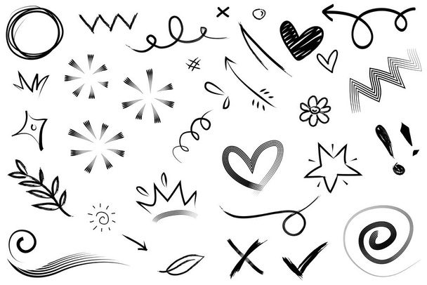 Abstract arrows, ribbons, crowns, hearts, explosions and other elements in hand drawn style for concept design. Doodle illustration. Vector template for decoration - Vetor, Imagem