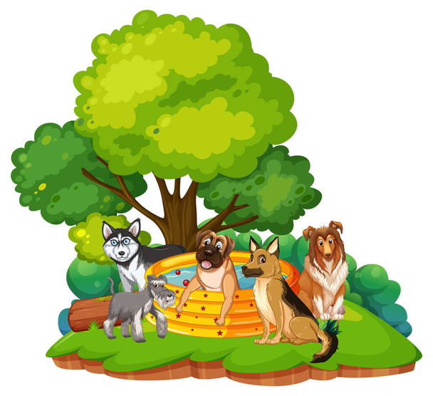 Many dogs bathing in the garden illustration - Vector, Image