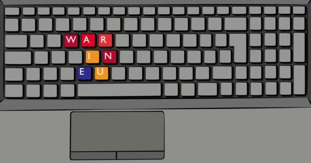 Oorlog in Europa woorden op computer toetsenbord. Toetsenbord met gekleurde toetsen op laptop. 4k Comic Book stijl animatie. - Video