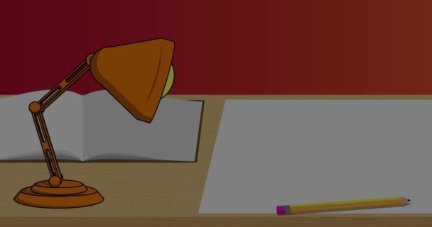 Lâmpada de mesa noturna acesa com texto da Europa em guerra em white paper. Desenhos animados Office Light, animação 4k. - Filmagem, Vídeo
