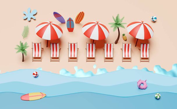 letní pláž top pohled s plážové křeslo, míč, Nafukovací plameňák, deštník, kokosový strom, surfovací prkno, krajina přímořské pozadí. letní cestovní koncept, 3D ilustrace, 3D vykreslení - Fotografie, Obrázek