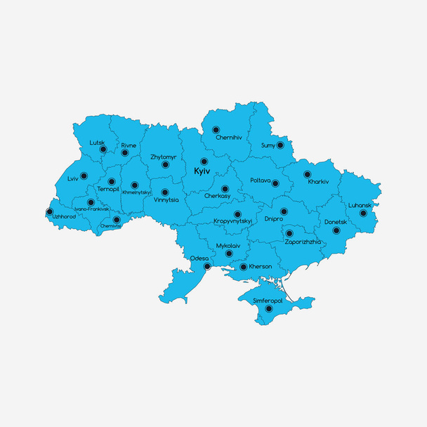 Mapa azul ucraniano con regiones y centros urbanos. Concepto infográfico de tierra, educación, viaje, cartografía detallada. El país de Ucrania. Stock vector ilustración - Vector, imagen
