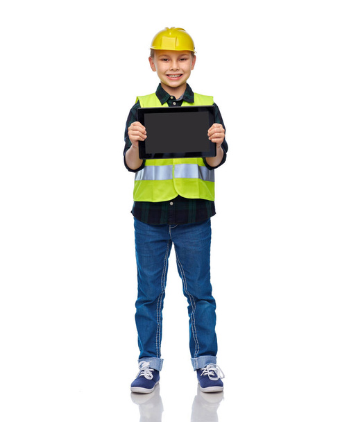 boy in construction helmet with tablet computer - Fotoğraf, Görsel