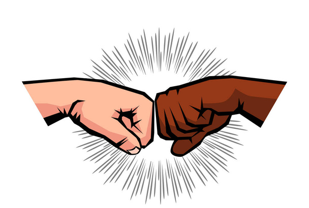 Erkek elinin iki sıkılmış yumruğunun selamı. Siyahlar ve beyazlar arasındaki ırklar arası arkadaşlık. Şeffaf arkaplanda vektör - Vektör, Görsel