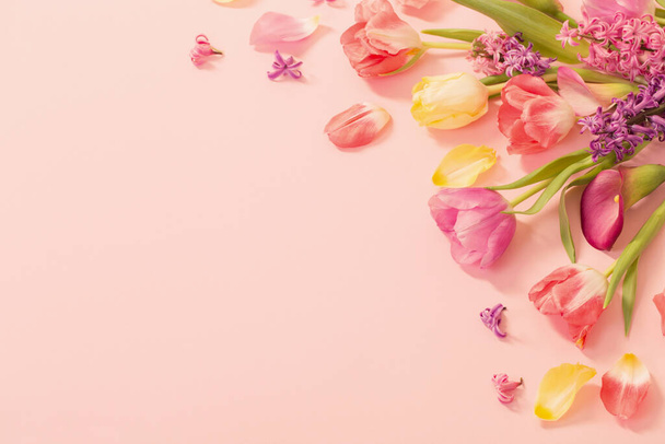 spring flowers on pink background - Фото, изображение