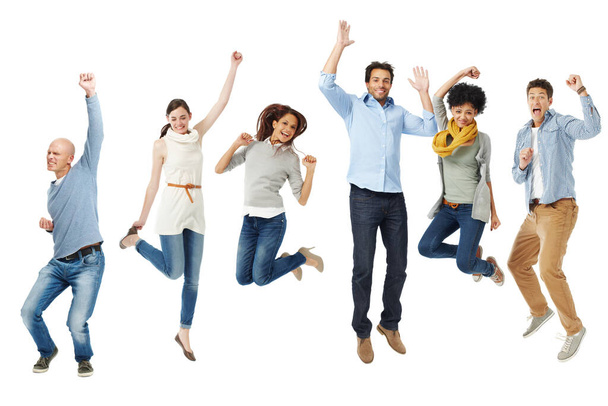 Celebrations in isolation. Full body shot of a group of excited people jumping into the air. - Photo, Image