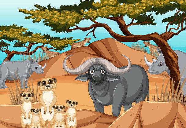 Dzikie zwierzęta w sawannie las sceny ilustracja - Wektor, obraz