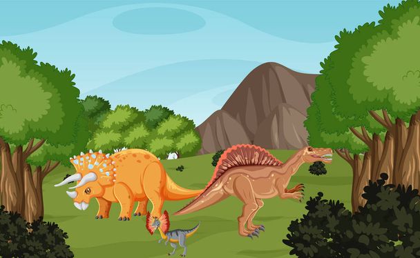Dinosaure dans l'illustration préhistorique de la scène forestière - Vecteur, image
