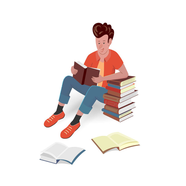 Χαρούμενος άνθρωπος διαβάζει ένα βιβλίο που κάθεται στο πάτωμα. Διάνυσμα απομονωμένη εικόνα με υφή σε στυλ κινουμένων σχεδίων. - Διάνυσμα, εικόνα