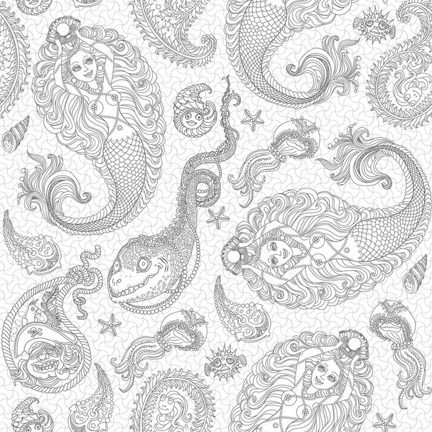 Vector Nautical nahtloses Muster, Paisley-Ornament aus silbergrauer Doodle-Meerjungfrau-Silhouette, Seeanker auf weißem Hintergrund. Erwachsene Malbuch Seite - Vektor, Bild