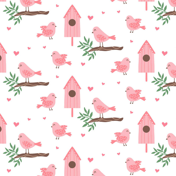Seamless pattern with cute pink birds and a birdhouse.Spring pattern with birds on branches.Vector pattern in cartoon style. - Wektor, obraz
