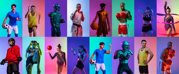 Colagem. Retratos de treinamento de desportistas profissionais, posando isolado sobre fundo multicolorido em néon - Foto, Imagem
