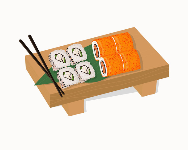 Conjunto de platos tradicionales japoneses de rollos y sushi con mariscos. En una bandeja de madera. Dibujos animados vector ilustración mano dibujo. - Vector, imagen