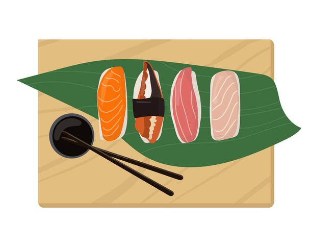 Conjunto de platos tradicionales japoneses de rollos y sushi con mariscos. En una bandeja de madera. Dibujos animados vector ilustración mano dibujo. - Vector, Imagen